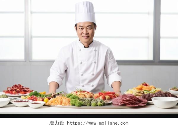 站在一桌美食面前的中国厨师